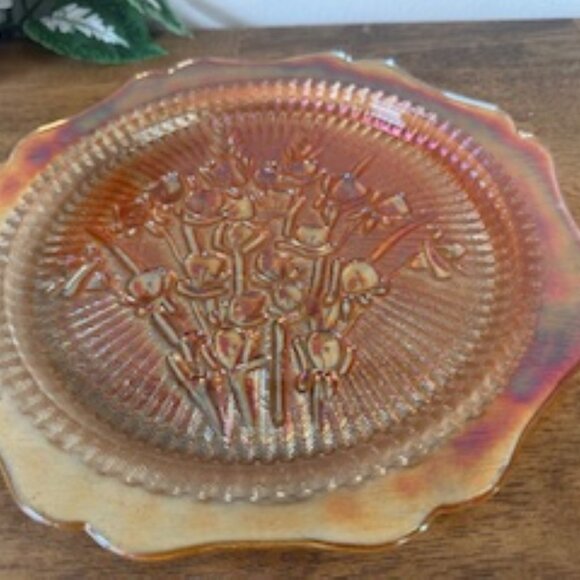 Jeannette Iris and Herringbone Marigold Carnival Glass Plate Floral Depression E - Picture 5 of 6